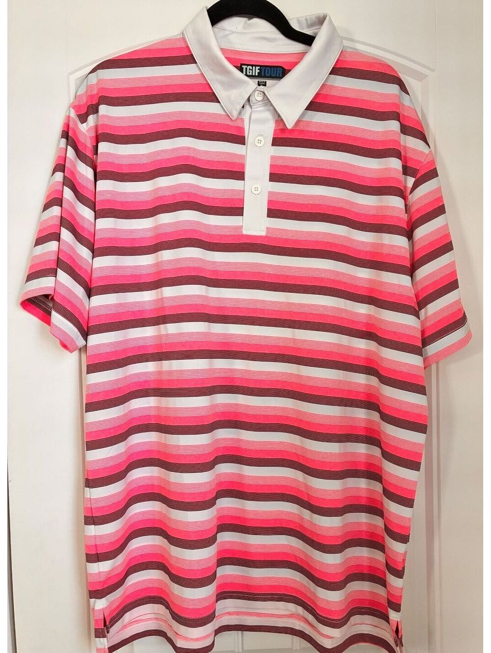 TGIF TOUR Men's XL Striped Polo Shirt 100% Polyester Pink White Brown